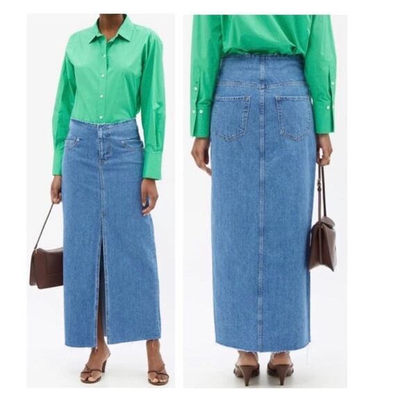 FRAME Sea Cut Off Waist Maxi Jean Denim Skirt Raw Hem‎ Blue Front Slit 26 - Picture 1 of 15